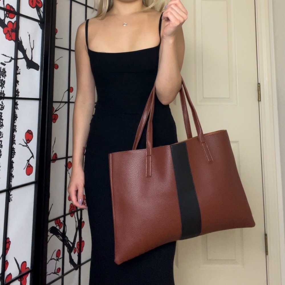 Vince Camuto | Brown & Black Stripe Vegan Leather Shoulder-Bag Tote Purse Bag